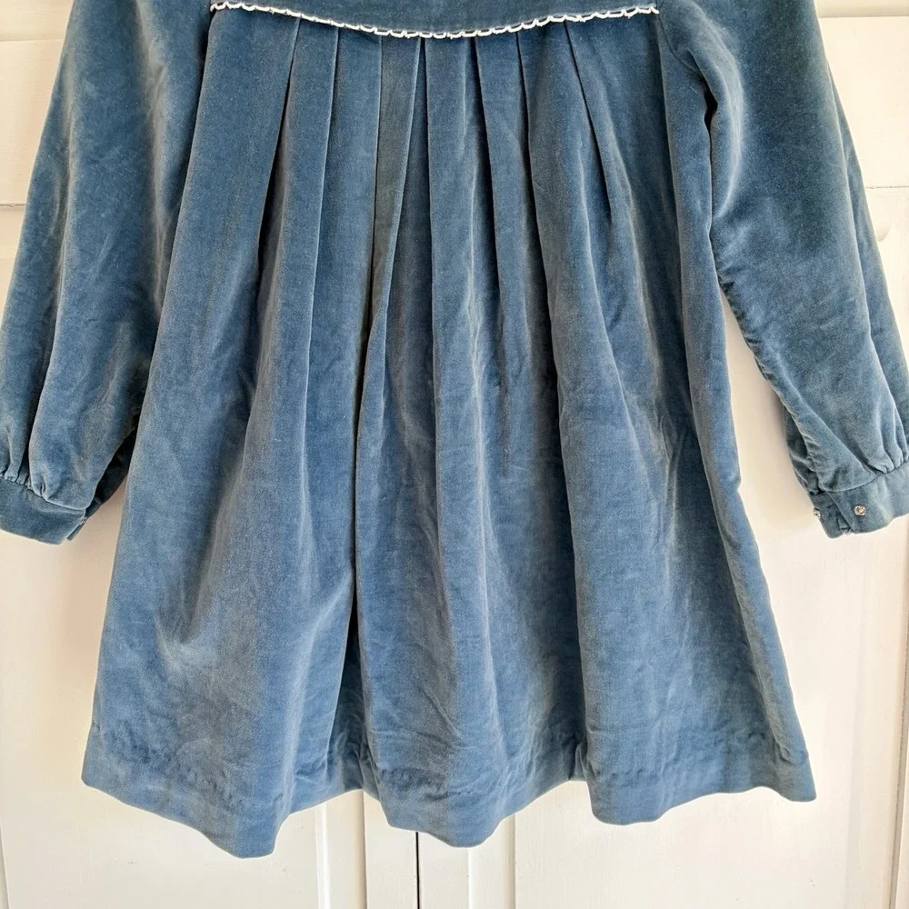 Vintage Girls Blue Velvet Dress Size 6X Embroidery Peter Pan Collar USA